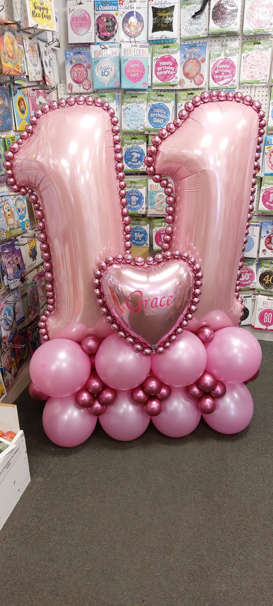 11th Birthday Pink Pearl Heart Balloon Display