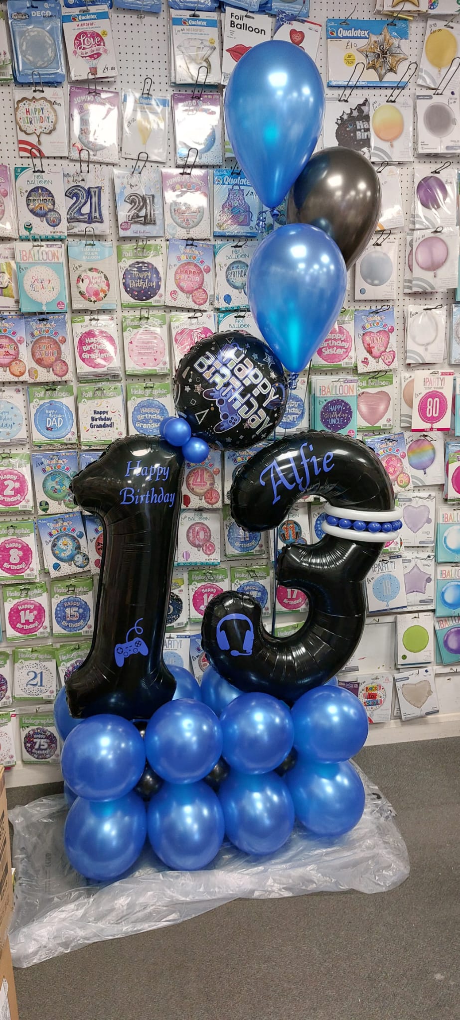 15th Birthday Blue and Black Personalised Balloon Stack
